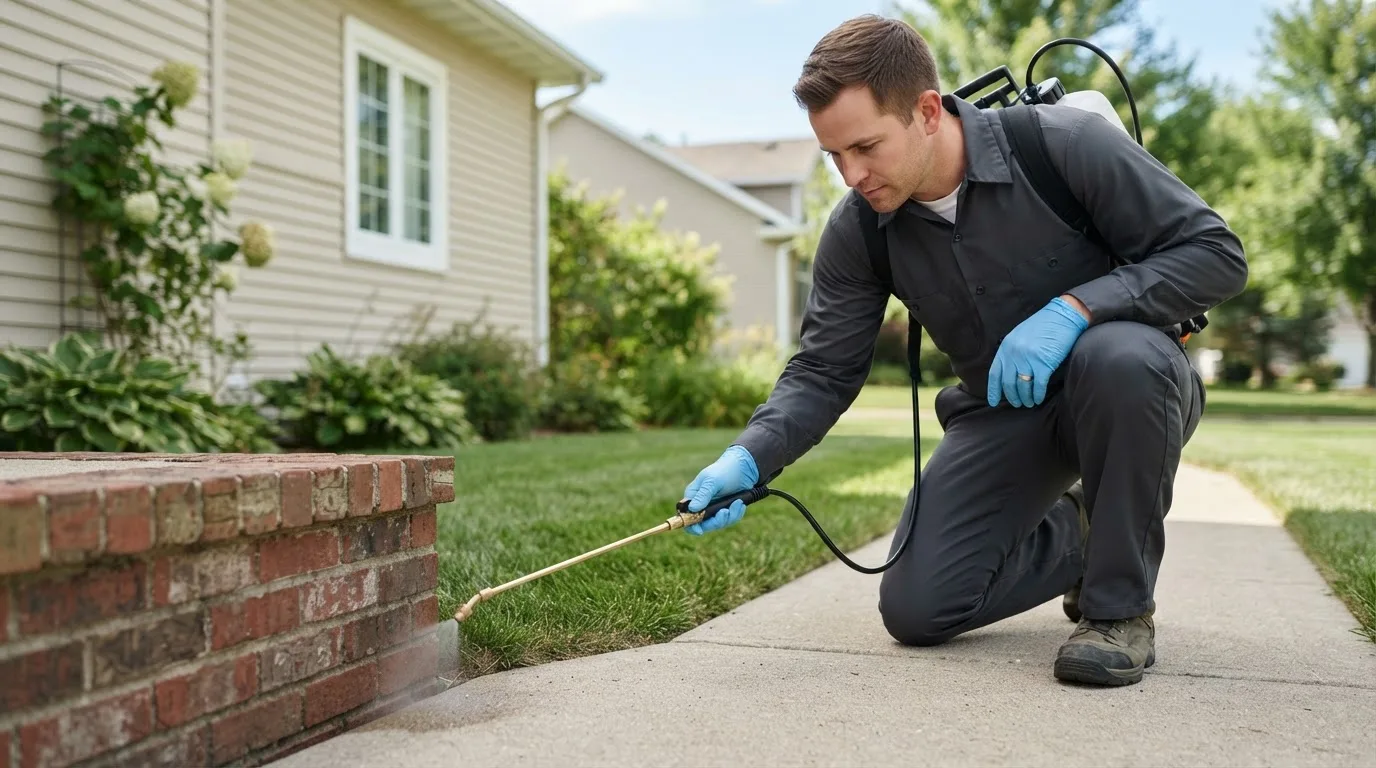 Pest control technician treating a home near Chestnut, IL