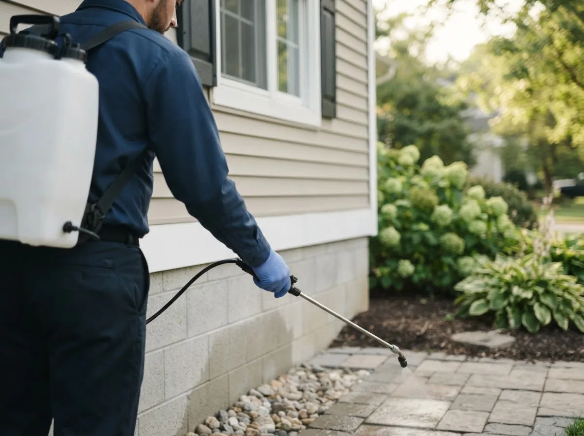 Pest control technician inspecting a home in Chestnut, IL